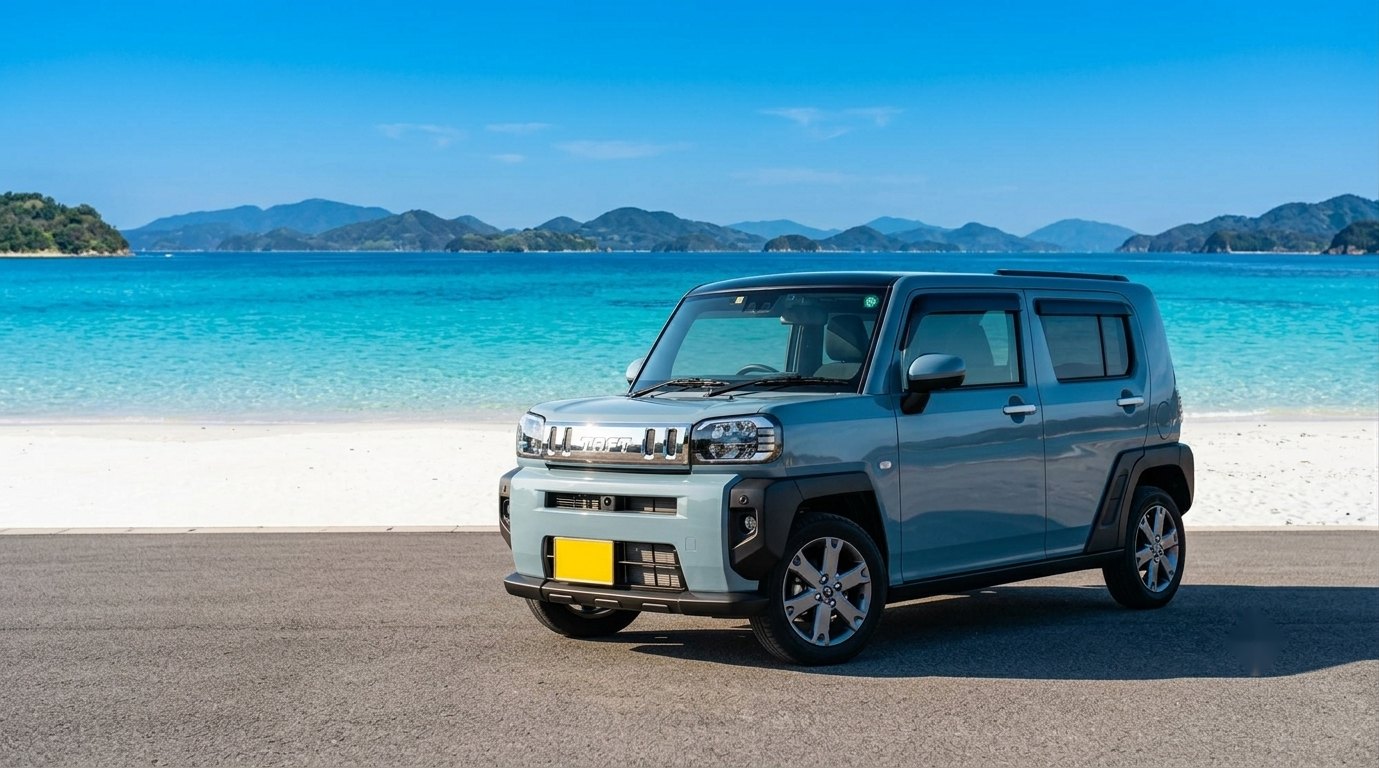 海辺の道に停まるうきうきレンタカー